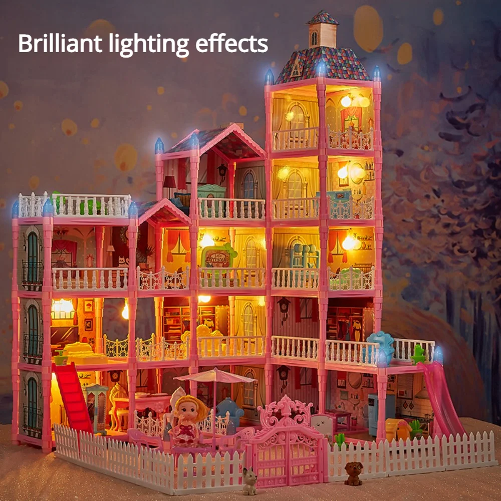Casa de boneca luminosa dreamhouse para meninas princesa playhouse conjunto com bonecas acessórios móveis fingir jogar presentes aniversário