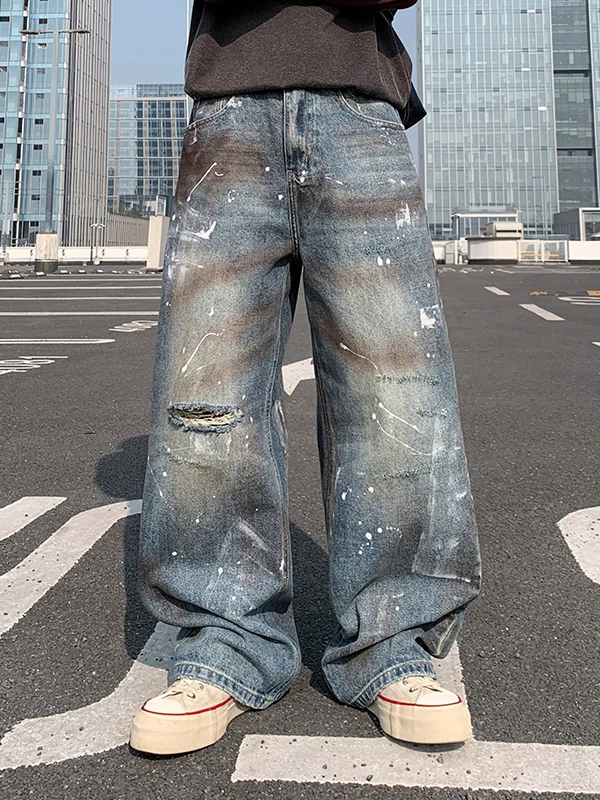

Retro American Dyeing Hole Denim Jeans Men Paris Trendy Brand Faded Loose Straight Leg Pants Cotton Polyester Blend