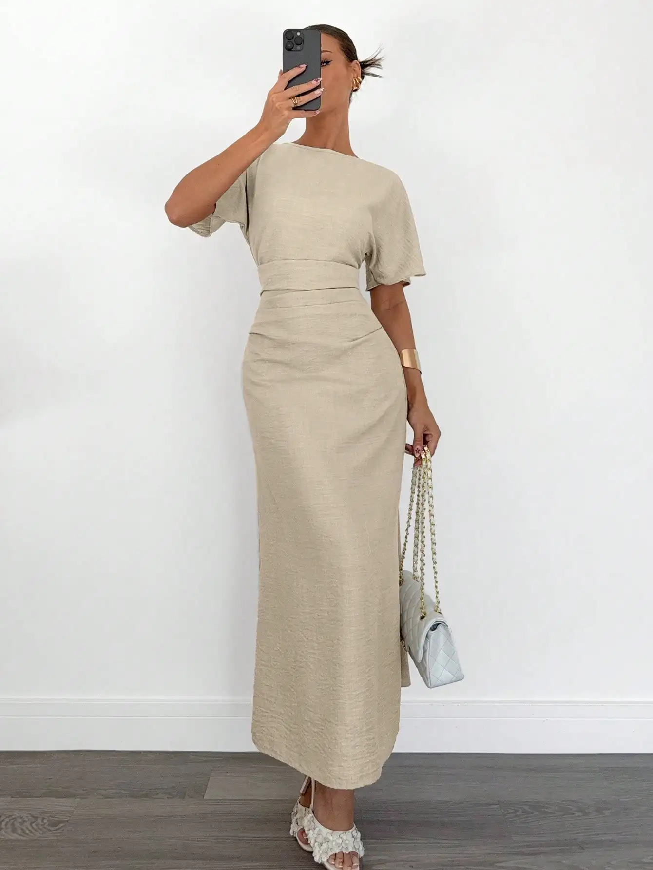 

Бежевое женское платье макси из льняной ткани с короткими рукавами и зауженной талией, элегантное летнее вечернее платье для вечеринок и выпускных вечеров