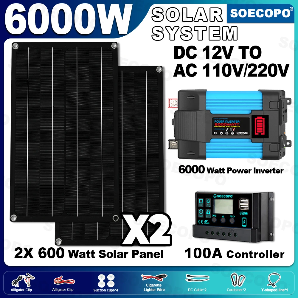 

SOECOPO 6000W Solar System Kit 2×600W 12V Solar Panels, Inverter (Dual USB), 100A Controller – Portable for Home, Camping, Car