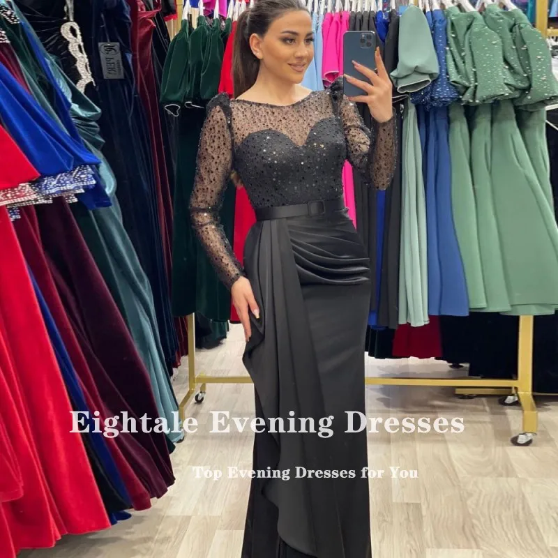 Eightale Dusty Pink Evening Dresses O-Neck Long Sleeves Belt Mermaid Prom Wedding Party Gowns Customized Arabic Robe De Doirée