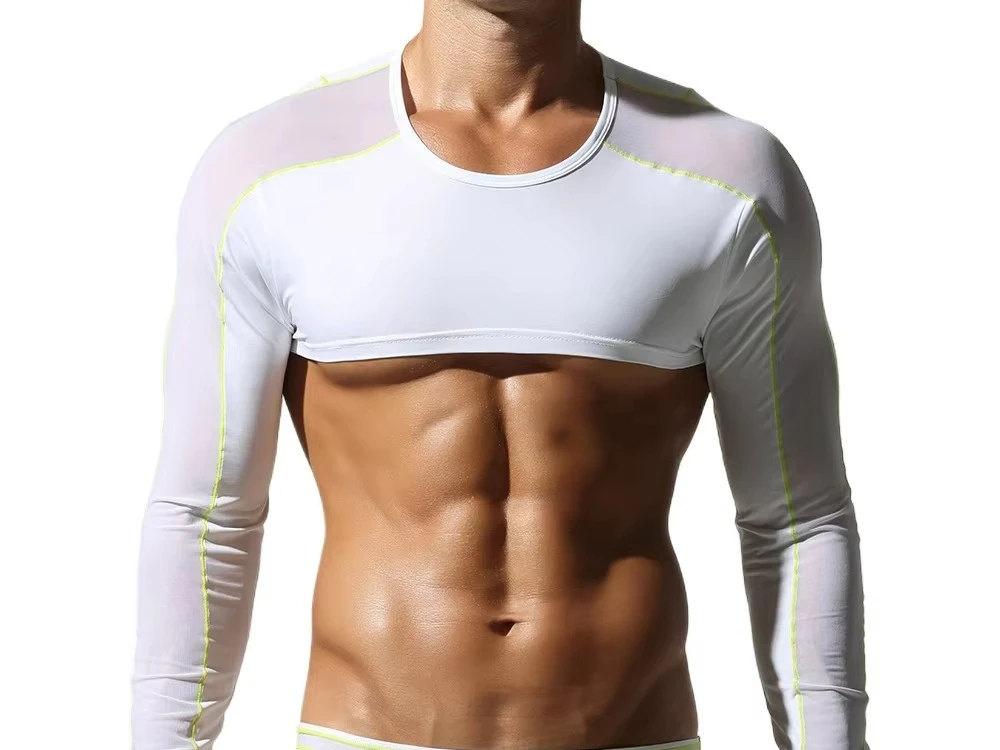 Nightclub Style Men Cropped Long‑Sleeve Shirt Sheer Mesh Splice Sensual Male Party Outfit, Top Only