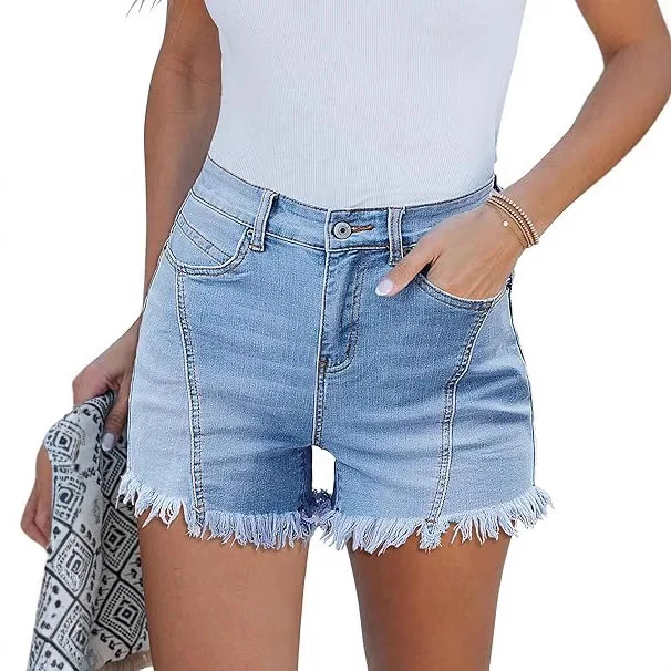 2026 New European and American Style Personality Shorts Women, High-waisted, Elastic Fringed Design Women's Summer Denim Shorts
