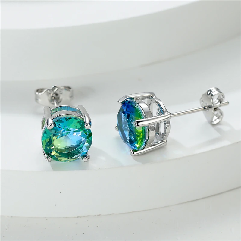 Charm Female Crystal Blue Green Zircon Stone Round Stud Earrings Vintage Silver Color Wedding Fashion Jewelry For Women