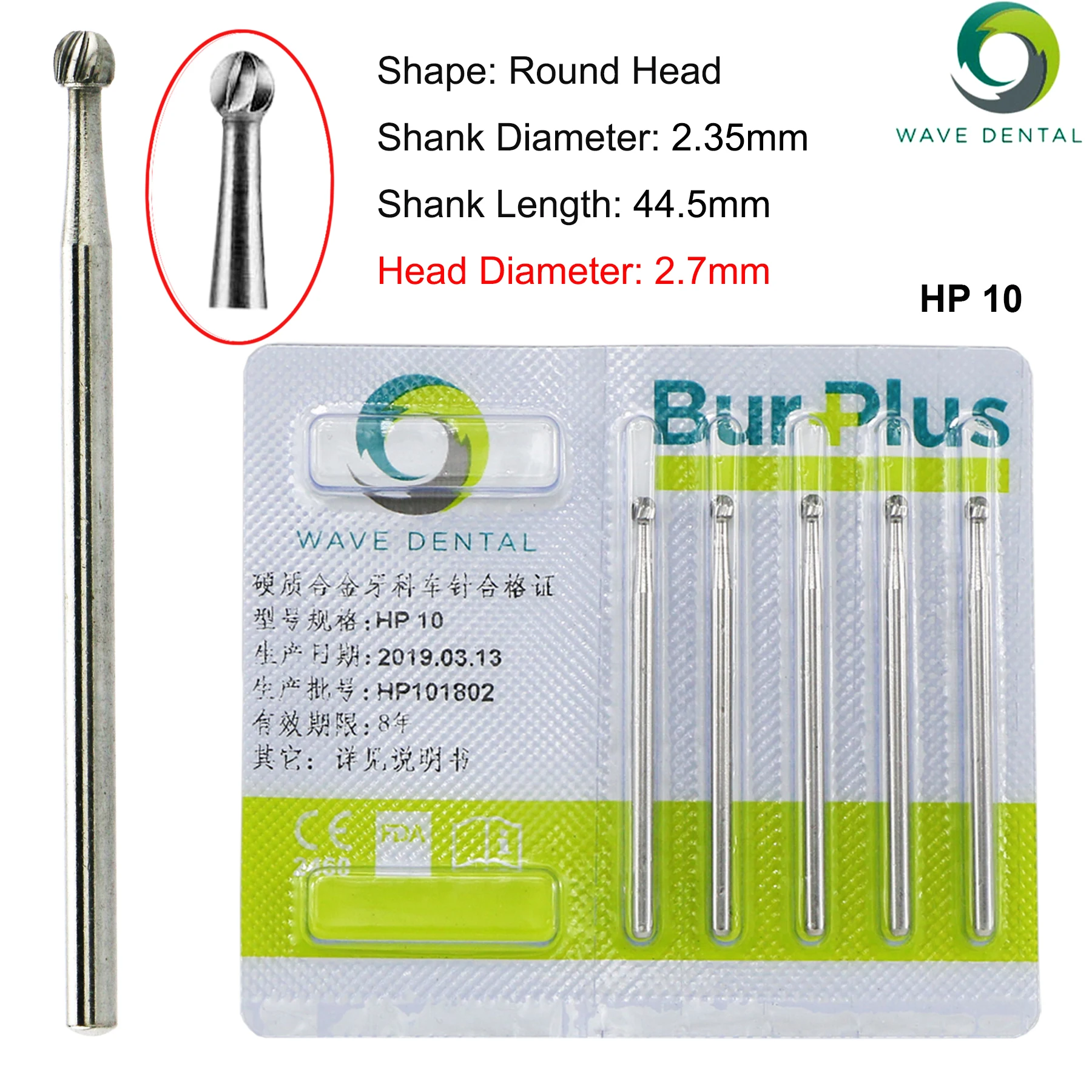 WAVE Dental Drills Bits Tungsten Carbide Burs Round Ball Head Midwest HP 44.5mm For Straight Nose Cone Handpiece Dentist Tools