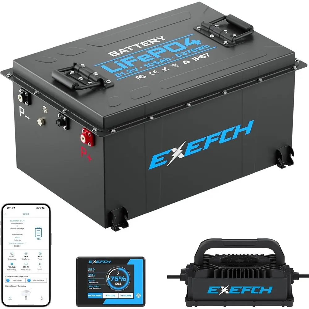 

48V 105Ah Lithium-ion Golf Cart Battery with 250A Smart BMS, Touchscreen Monitor, Mobile App, Over 6000 Cycles, Max 18.4kW Outpu