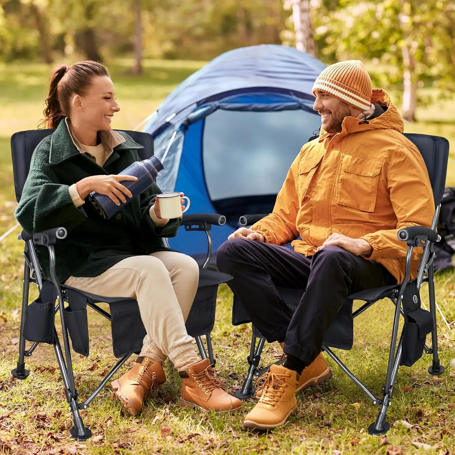 Heated Camping , Portable Folding Chair, Heated Seat and Back Chair with Cup Holder, 4 Large Pockets for Outd