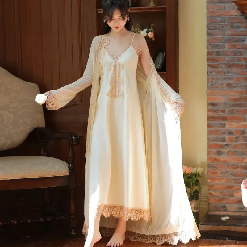 Sweet Solid Color Long Dressing Gown Lace Peignoir Sleeping Dress Fairy Cotton Nightgown Robe Sets Women 2 Piece Sexy Sleepwear