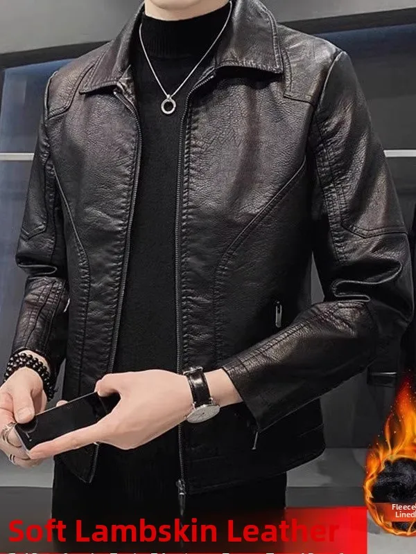 

Men's Genuine Leather Jacket Slim Fit Fleece Lined Thickened Biker Style Casual Fashion Korean Version Winter Coat