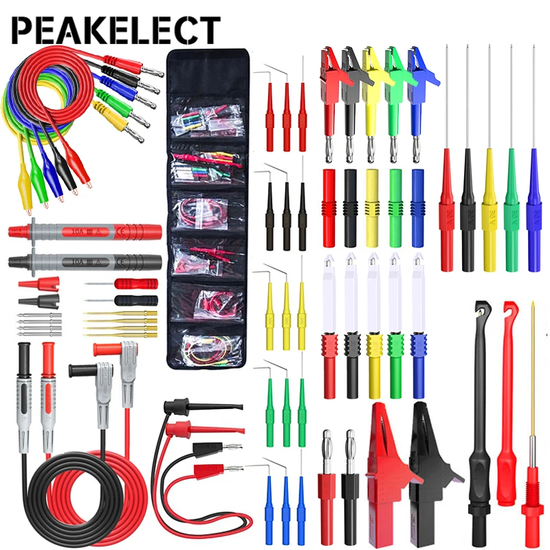 PEAKELECT P1957 64PCS Multimeter Test Leads Wire Piercing  Probes Kit with Puncture Needle 4mm Banana Plug Alligator Clip