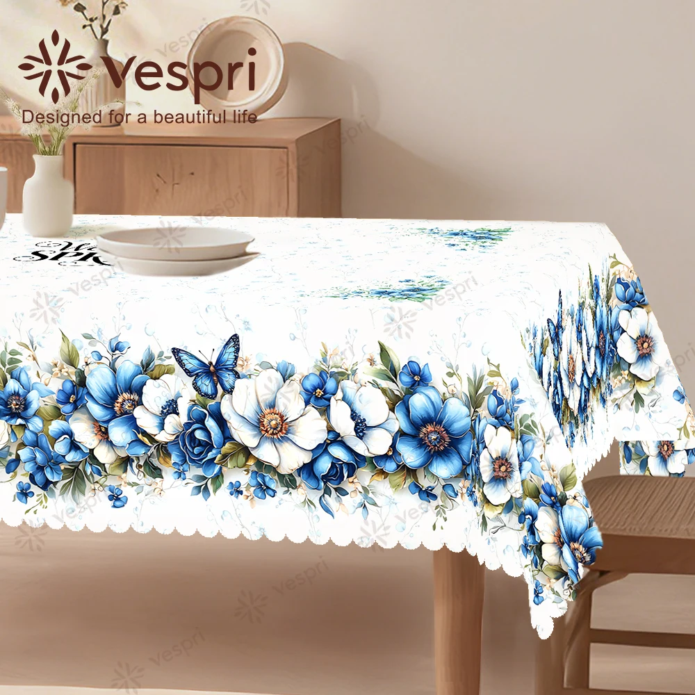Vespri Florale Oster-Tischdecke Weiß Blau Blumen Schmetterling Rund Rechteckig Oval Polyester für Feiern