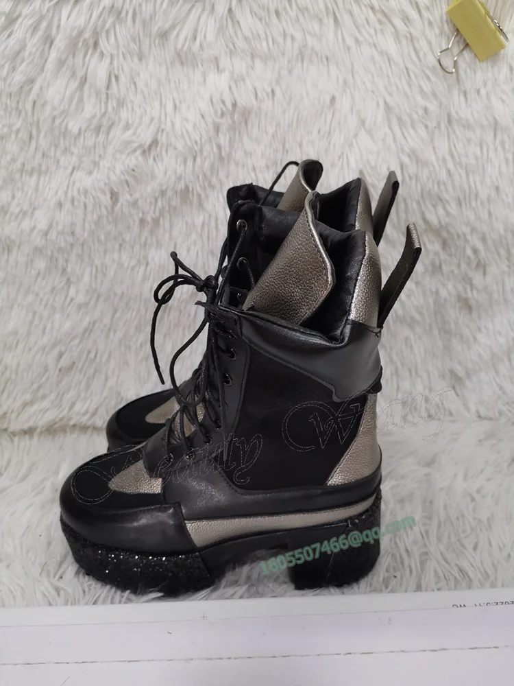 Moraima Snc Round Toe Lace up Black Boots Platform Patchwork Stiletto Shoes for Women Chunky High Heels Boots Zapatillas Mujer