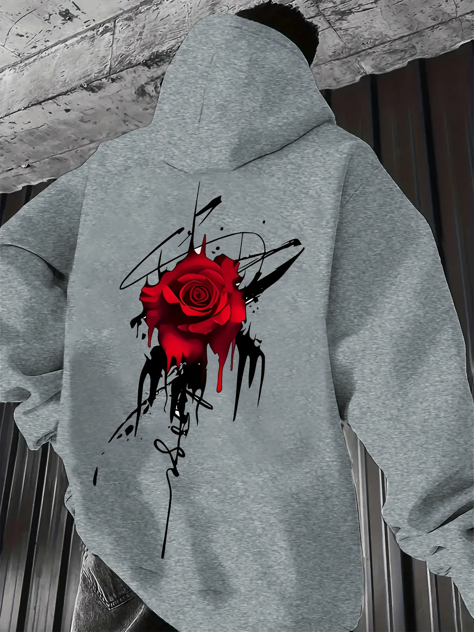 

Men's Comfortable Rose Print Hoodie with Pocket Casual Pullover Sweatshirt, Geometric Design, Fall and Winter, Casual Sweatshirt