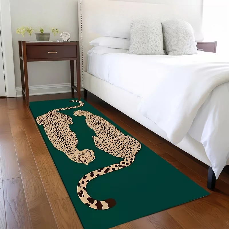 Leopard Print on Green Background Floor Mat Welcome Mat, Bedside Long Rug, Mat for Hallways Stairs Kitchens, and Hotel Corridors