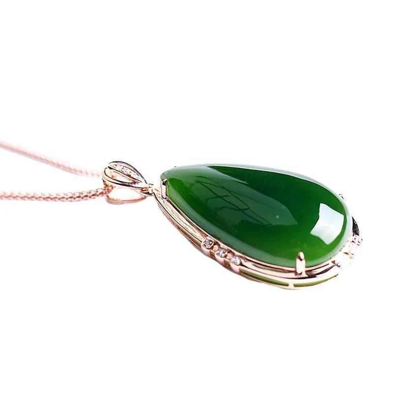 

Sterling silver inlaid Hetian jasper pendant women's spinach green old pit material water drop pendant necklace jade pendant