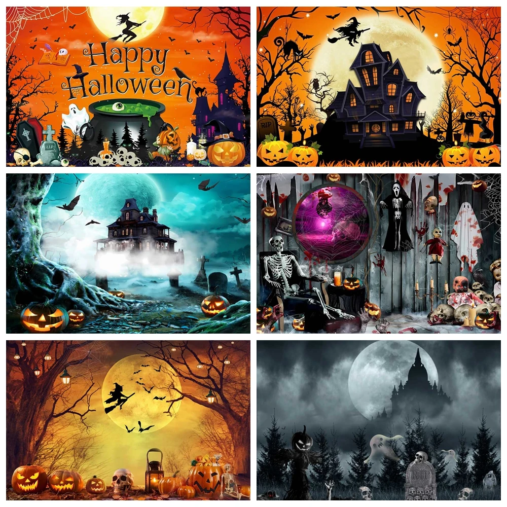 Halloween Backdrop for Photography Horror Night Skull Pumpkin Moon Forest Castle Bloody Hands for Background Banner Party Decor