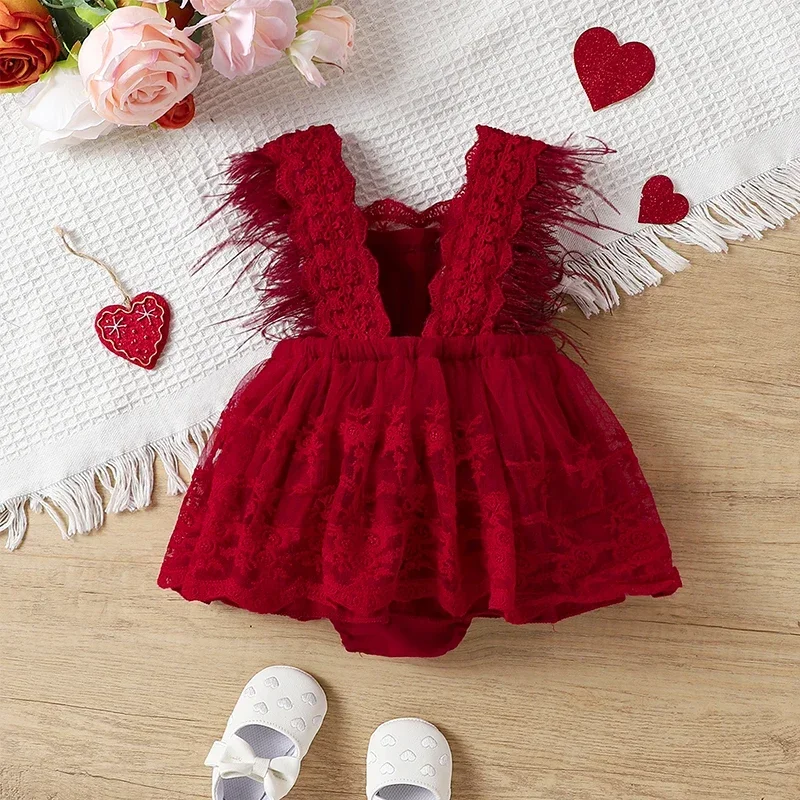 Newborn Infant Girls Lace Romper Dress Infant Baby Sleeveless Feather Decor Sweet Lace Romper Outfits