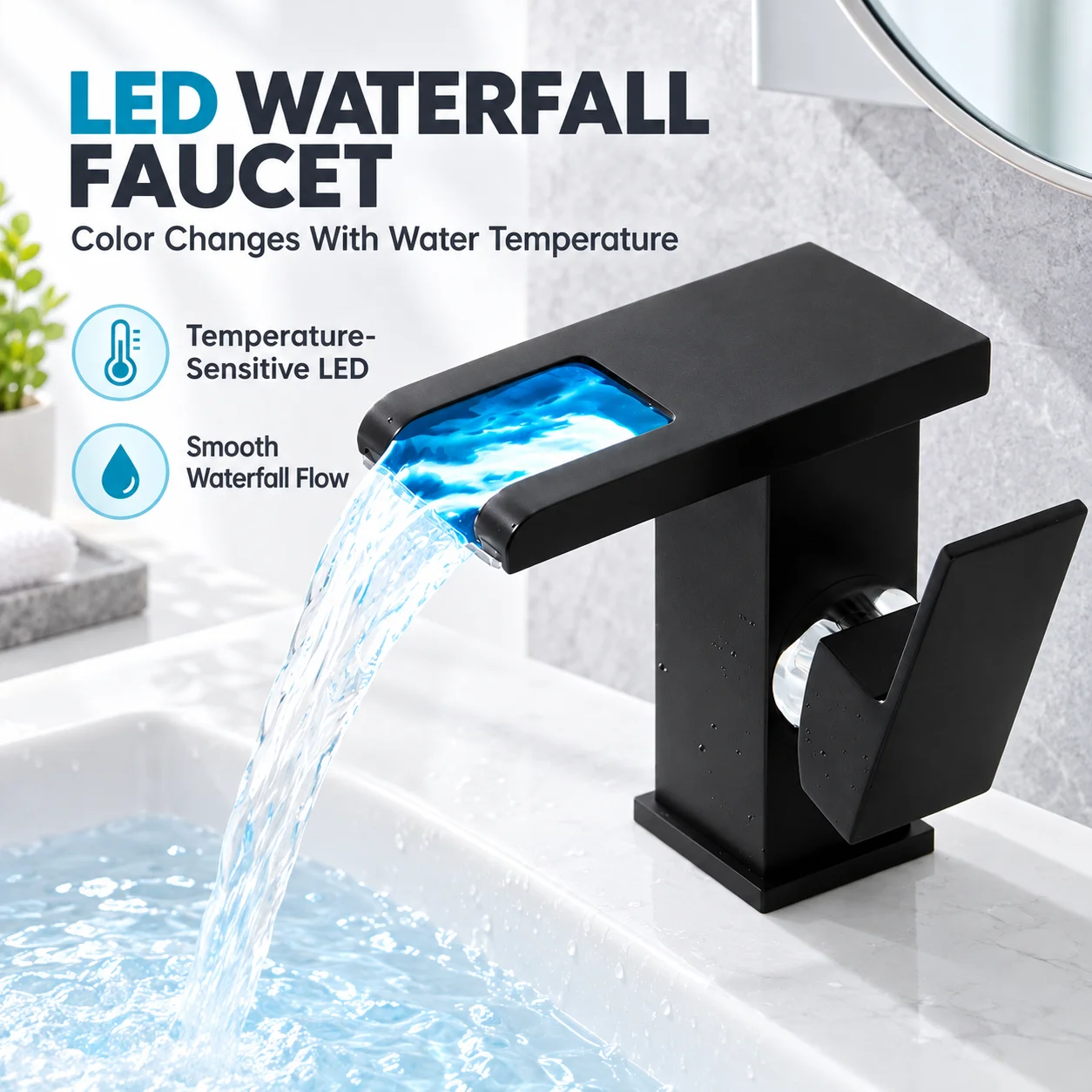 LED Waterfall Basin Faucet Household Hydro‑Power Temperature Color Changing Cold Hot Mixer Tap Bathroom Sink Vanity Tap
