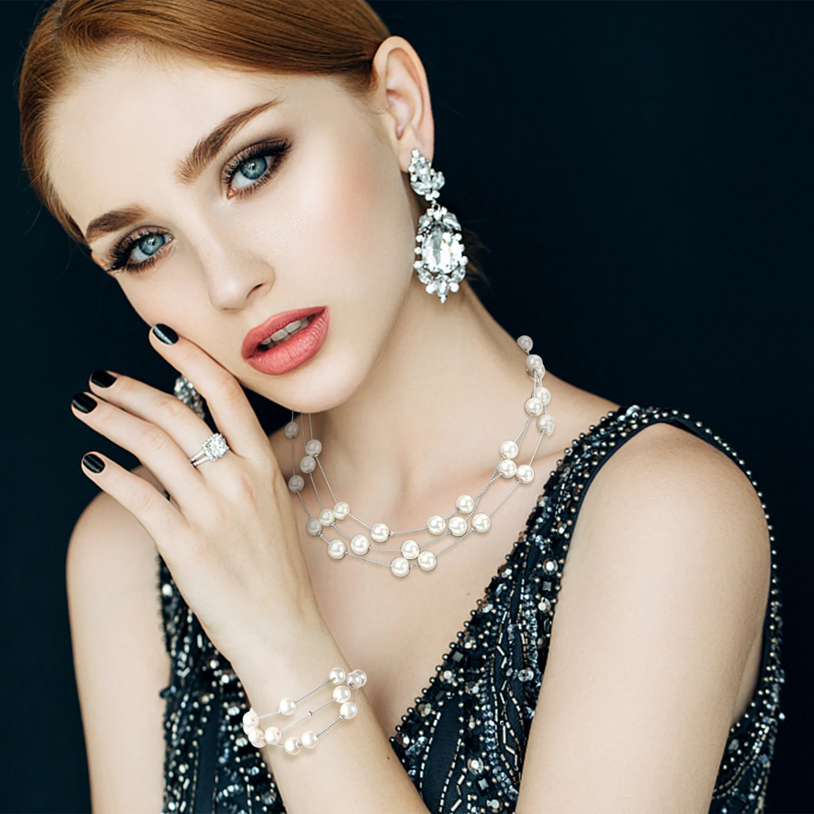 Pérola Colar Brinco e Pulseira Set, Camadas