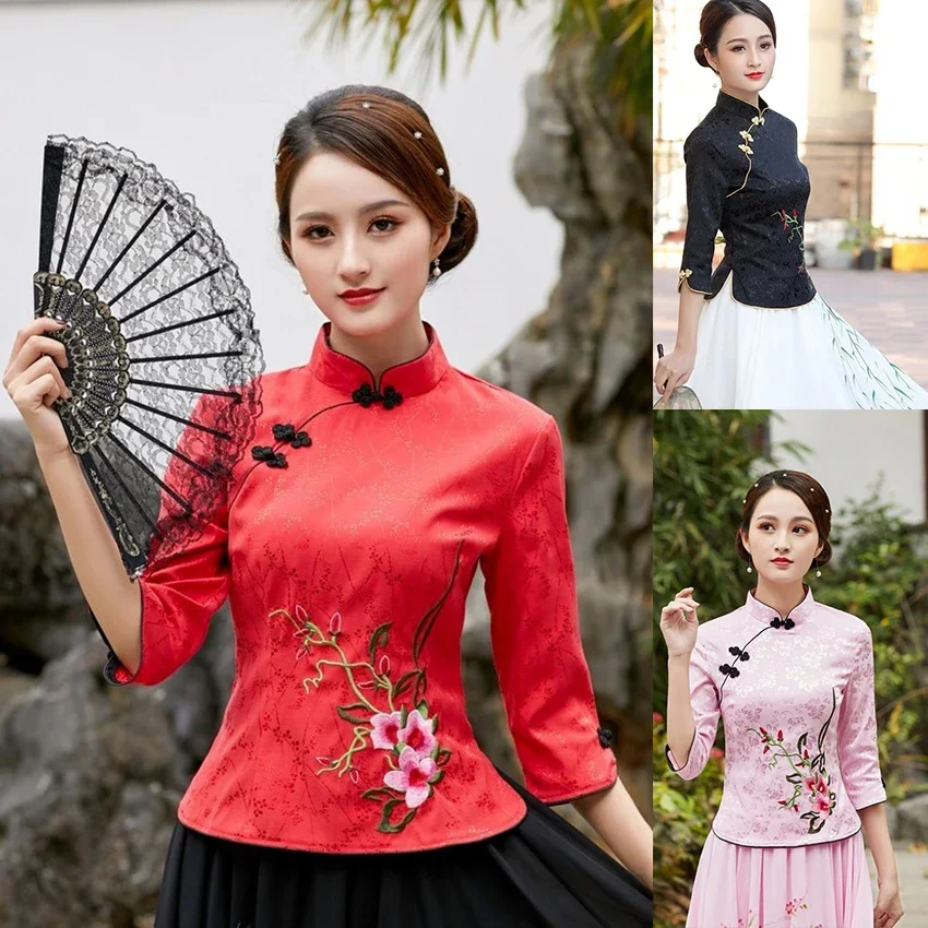 

2022 Women Qipao Dresses Chinese Cheongsam Top Linen Skirt Vintage Floral Embroidery Tang Suits Elegant Plus Size Blouse Female