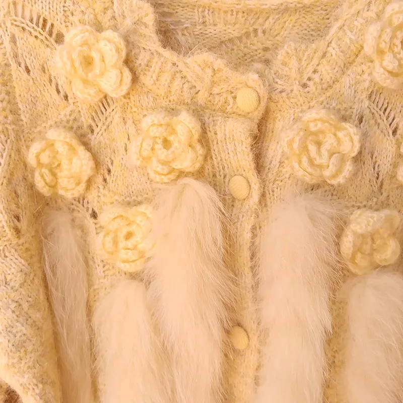 새로운 리얼 폭스 퍼 트리밍 롱 니트 귀여운 가디건 여성용 O넥 긴팔 꽃 장식 버튼 가디건 스웨터