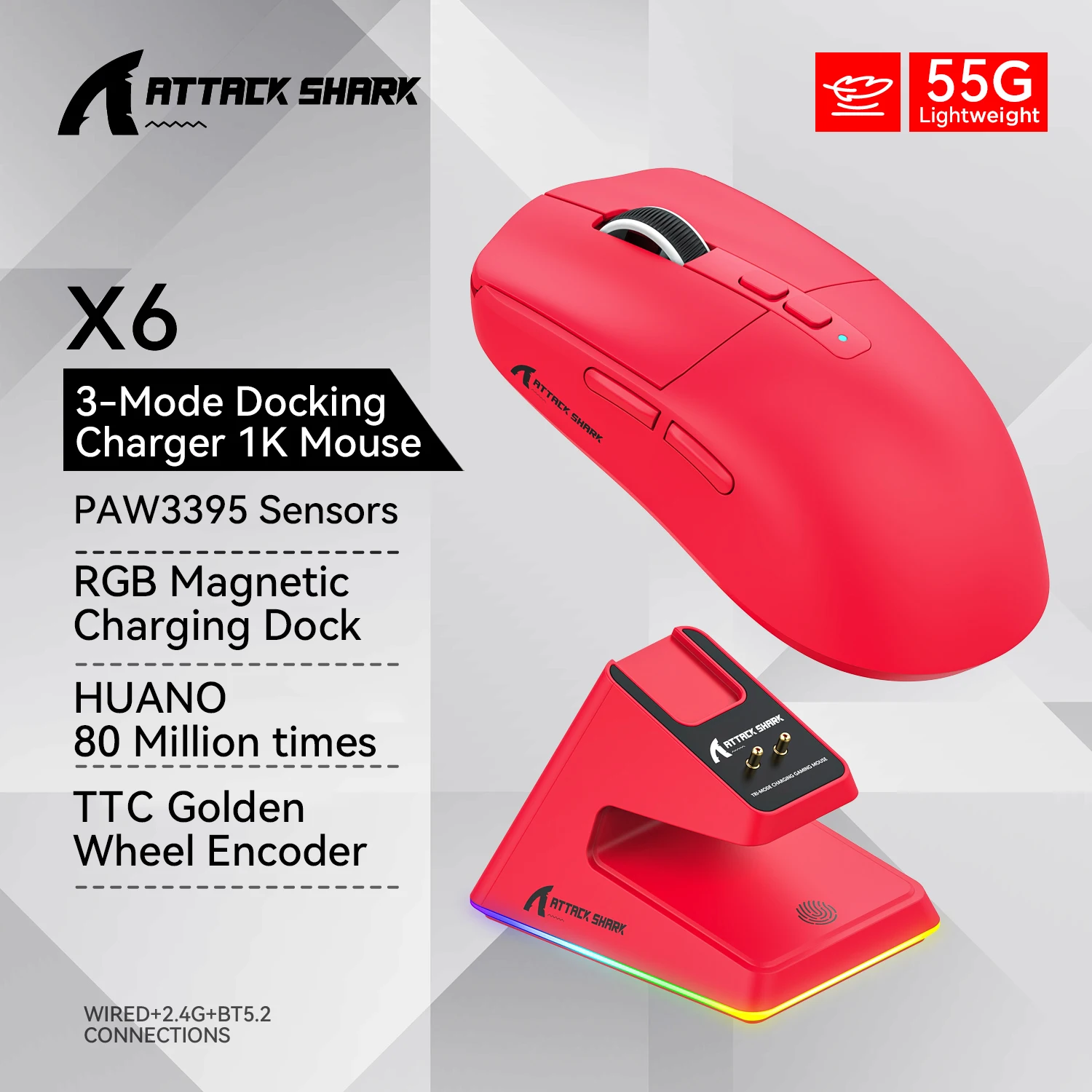 Attack Shark X6 블루투스 마우스, 트라이 모드 연결, RGB 터치 마그네틱 충전 베이스, 매크로 게이밍 마우스, PAW3395