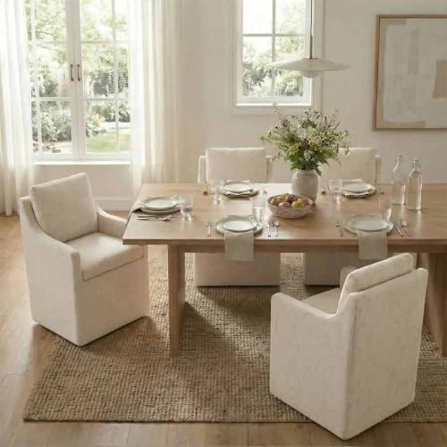 

Комплект из 4 обеденных стульев с обивкой, современные стулья для столовой на колесиках, с моющимся чехлом, акцентные стулья на роликах со скрытым хранилищем