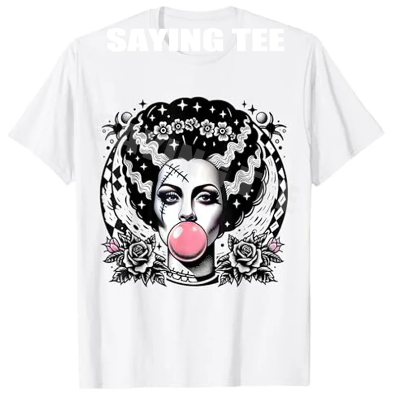 

Bride of Frankenstein Bubblegum Monster Halloween Graphic T-Shirt Women's Fashion Novelty Gift Y2k Aesthetic Clothes Saying Tee