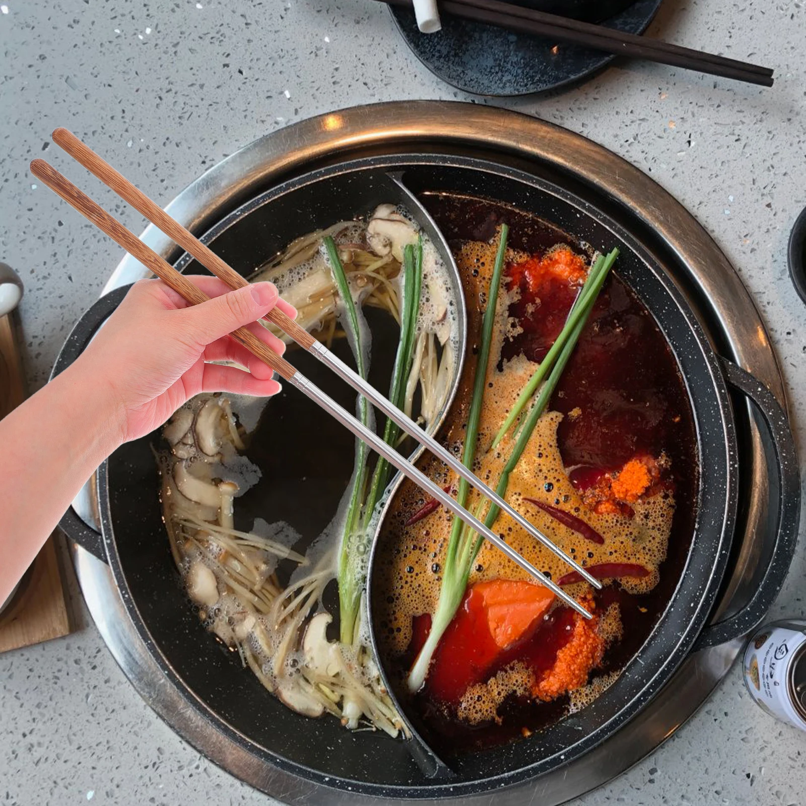 

1 Pair Extra Wing Wood Frying Chopsticks Stainless Steel Non-Slip Anti-Scald Cooking Utensils For Hot Pot Deep Fry