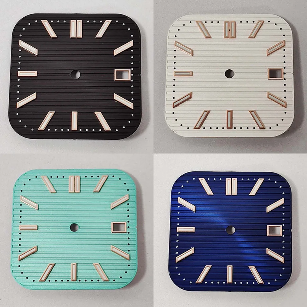 

29.5MM Square Stripe Rose Nail Watch Dial + Watch Hands Green Luminous Accessories for NH35/36 Movement