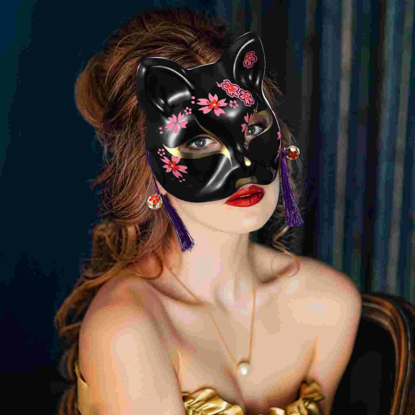 2 Pcs Black Sakura Cat 2-piece Set Style Mask Masquerade Women Water Proof Vibrant Pattern Japanese Plastic Cherry Blossom