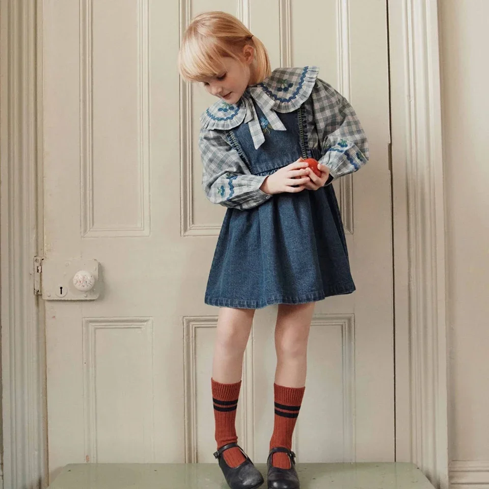 Winter 26 EM Children Clothes Girl Blouse Cardigan Outwear Jumpsuit Overalls Denim Pant Long Sleeve Shirts and Skirts Set Print