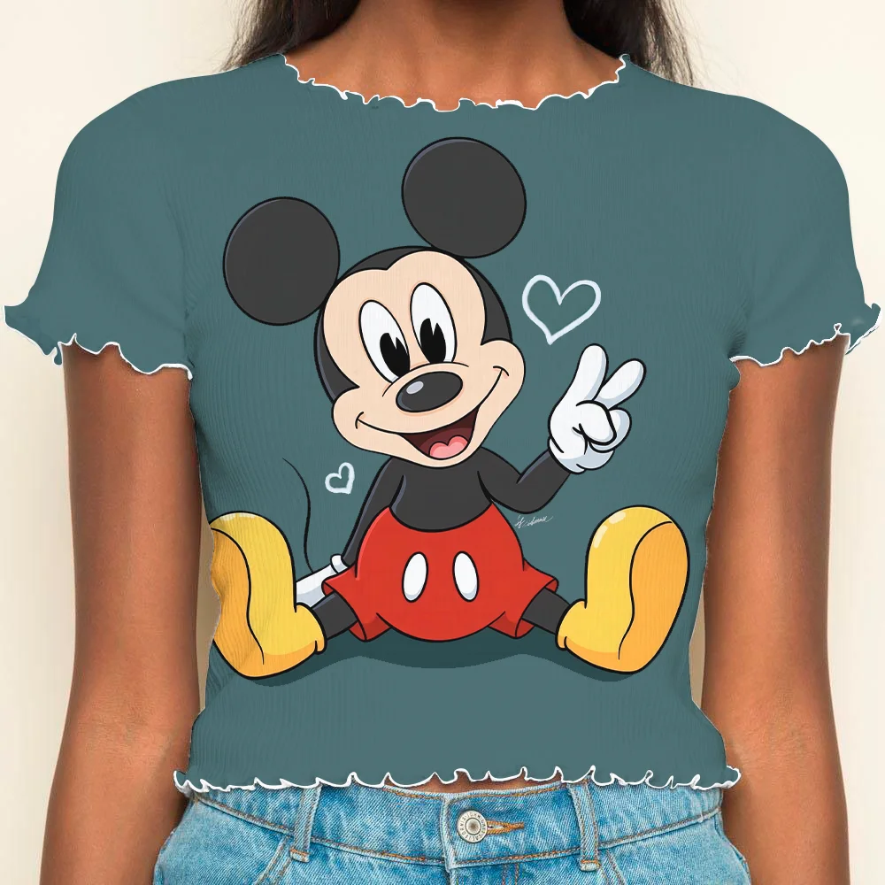 Crop Top Tops Sexys Short Sleeve Y2k Summer Clothes Women 2024 Disney Woman Clothing Lettuce Trim T-shirt T-shirts Minnie Mouse