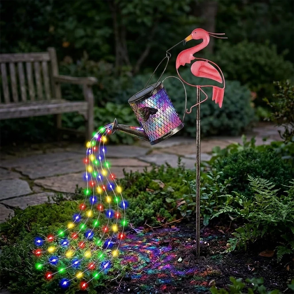 Retro Metal Solar Flamingo Watering Can Stake Light Shimmering Waterfall Fairy Light Waterproof Garden Art Yard Ornament Gift