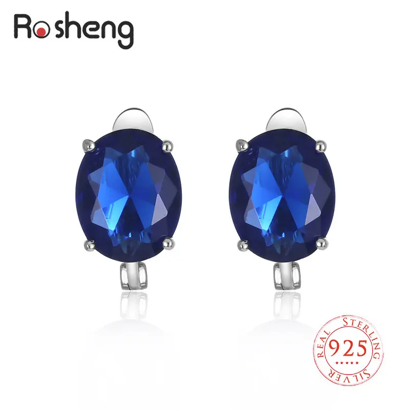 Pendientes de Clip de zafiro de piedras preciosas para mujer, joyería de plata 925 Kpop, pendientes elegantes de boda de diamante de laboratorio azul/blanco