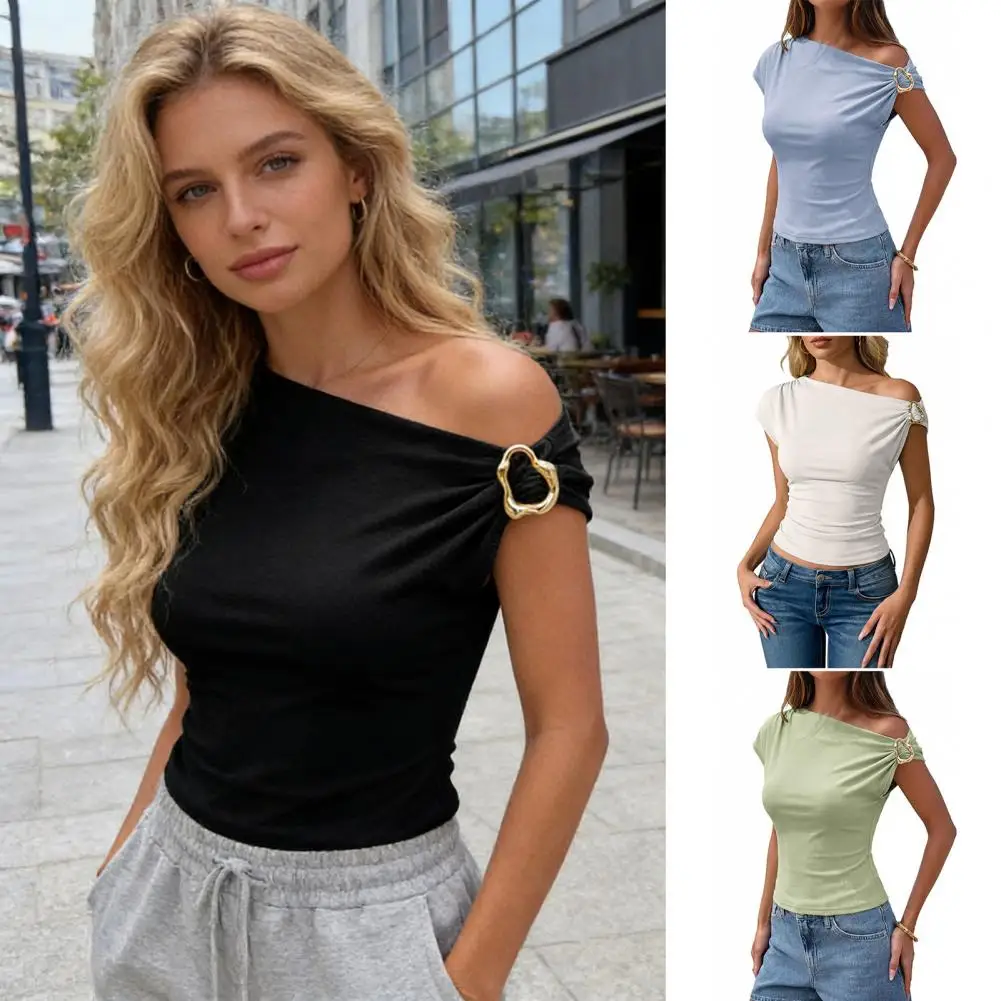 

Women Tops Skew Collar Pullover Tops Slim Fit Asymmetric Sloping Shoulder Tee Shirt With Golden Metal Ring Decoration