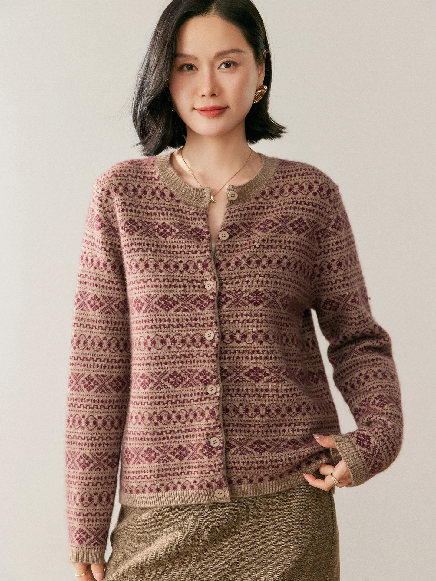 Women's 100% Goat Cashmere Cardigan Sweater Autumn Winter O-neck Button Fair Isle Retro Soft Knit Clothing Light Luxury High-end