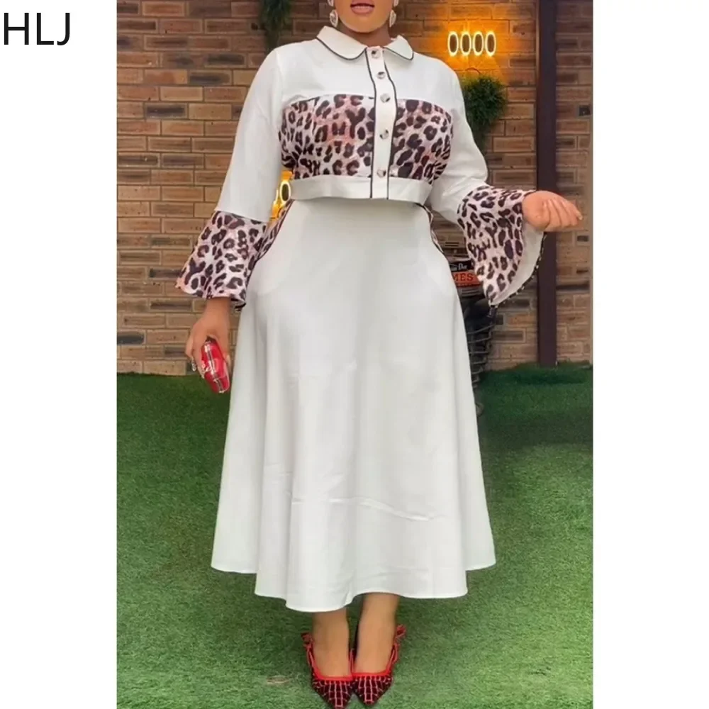 

HLJ Elegant Lady Leopard Stitching A-line Skirts Two Piece Sets Women Lapel Button Long Sleeve Crop Top And Skirts Outfits 2025