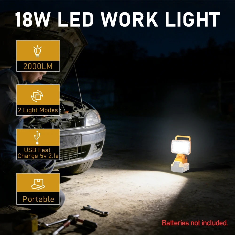Portable LED Work Light 18W Compatible For Dewalt 18V Lithium Battery(Tool Only) 2000 Lumens Outdoor Flashlight with USB 5 inch