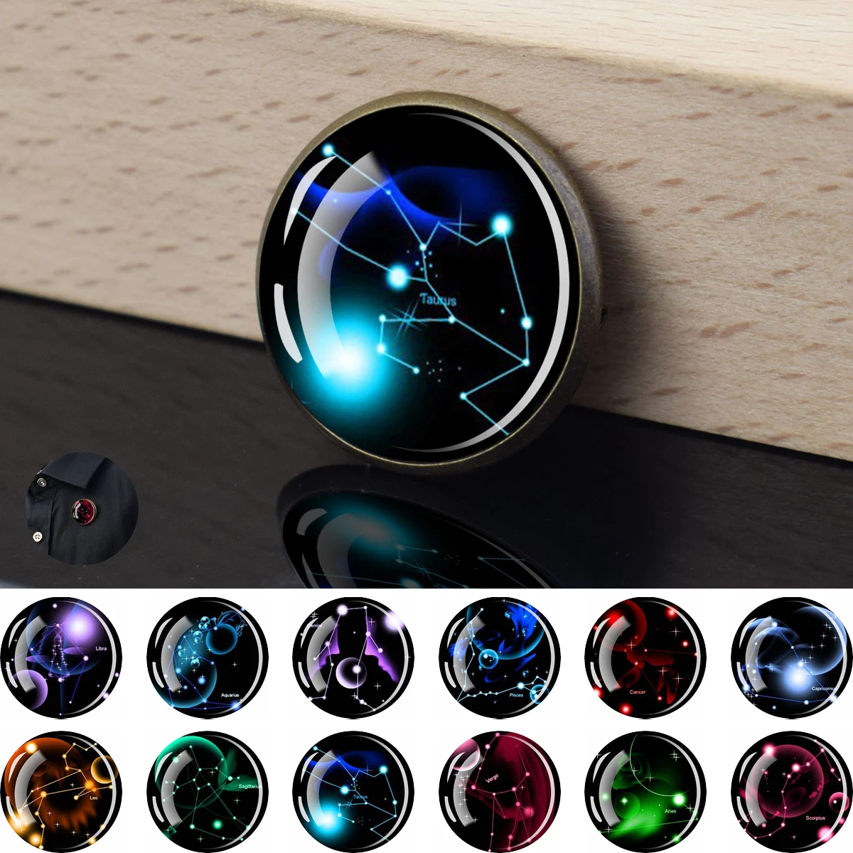 1PC 12 Constellation Themes Circular Brooch Exquisite and Fashion Brooch Glass Adhesive Clothing Decoration Accessory  for Gift