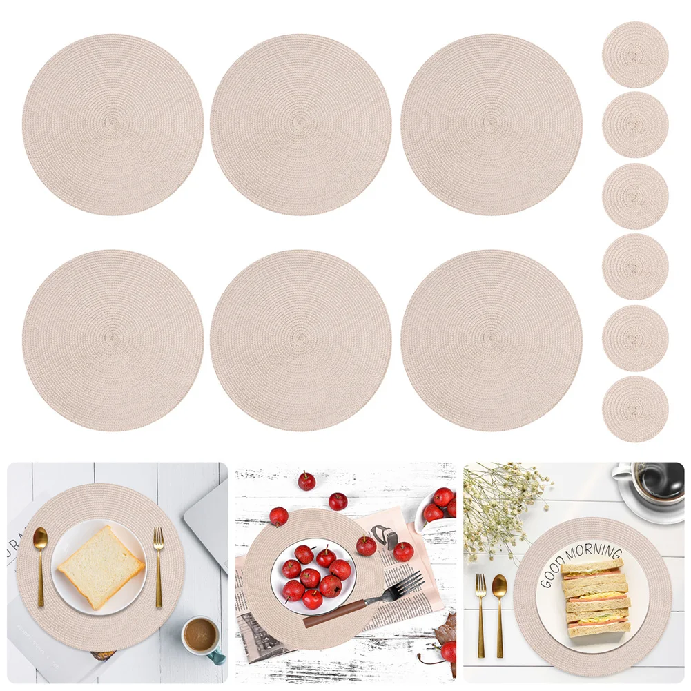 Round Placemats Set of 6 for Dining Table Woven Heat Resistant Anti-Slid PP Table Mats with 11CM Coaster Christmas Kitchen Pads