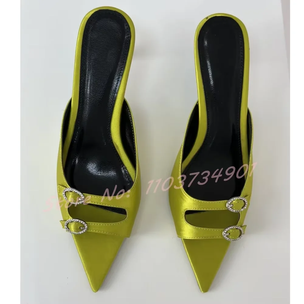 

Green Satin Crystals Buckle Pointed Toe Slippers Female Fashion Outdoor High Heels Mules Women Elegant Party Peep Toe Slippers