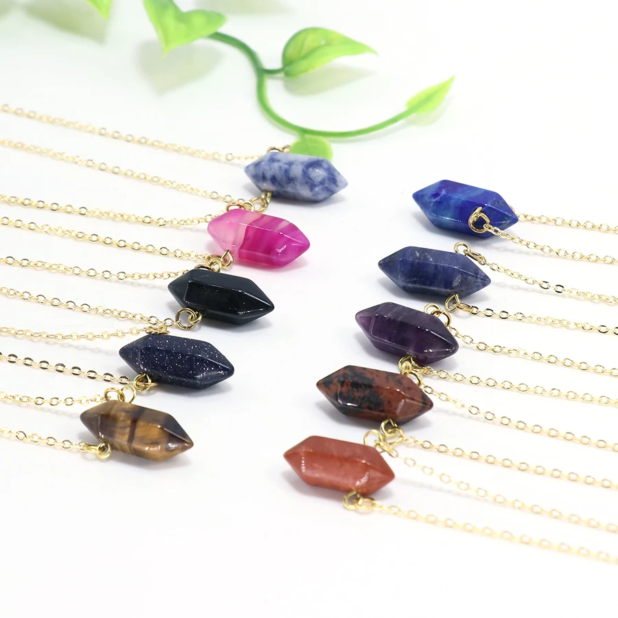 Fashion Necklace Double Point Pendant Colorful Healing Stone Pendant Natural Crystal Pendant Hexagonal Column Necklace For Women