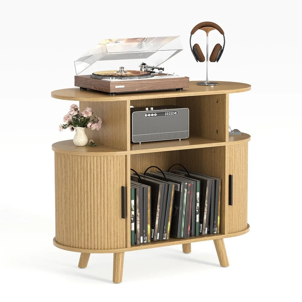 35'' Fluted Mid Century Modern Turntable Cabinet Large Round Record Player Stand with Charging Station and Display