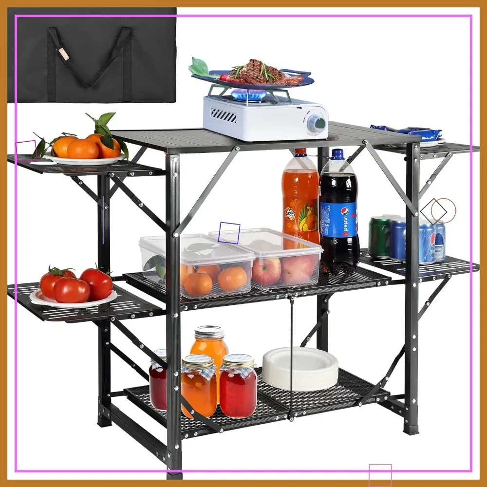 

Portable Camping Kitchen Table with Folding Sides, Shelves & Bag for Outdoor Cooking, Picnic BBQ Travel