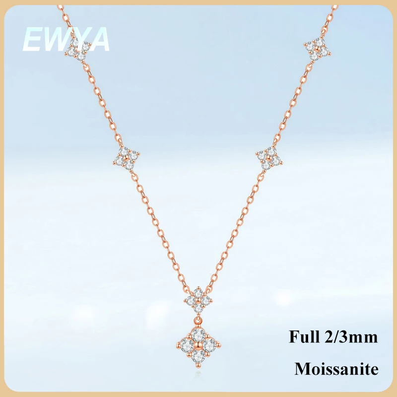 

EWYA Lucky Clover All 2mm 3mm D Color Moissanite Pendant Necklace for Women 925 Silver Party Bridal Lab Diamond Neck Chain Gift