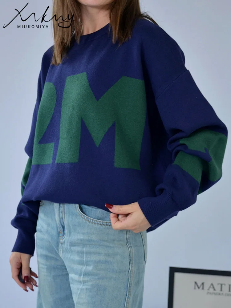 Navy Blue Oversize Letter Sweater Women Crewneck Casual Knitted Loose Pullovers With Letter Green Sweater For Women Winter 2024