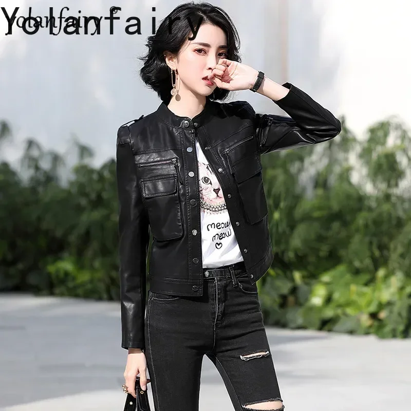 YOLANFAIRY Naturalna Skórzana Kurtka Damska Odzież Wąska Krótka Prawdziwa Skóra Owcza Płaszcz Damskie Kurtki Motocyklowe Куртка Женская Кожаная