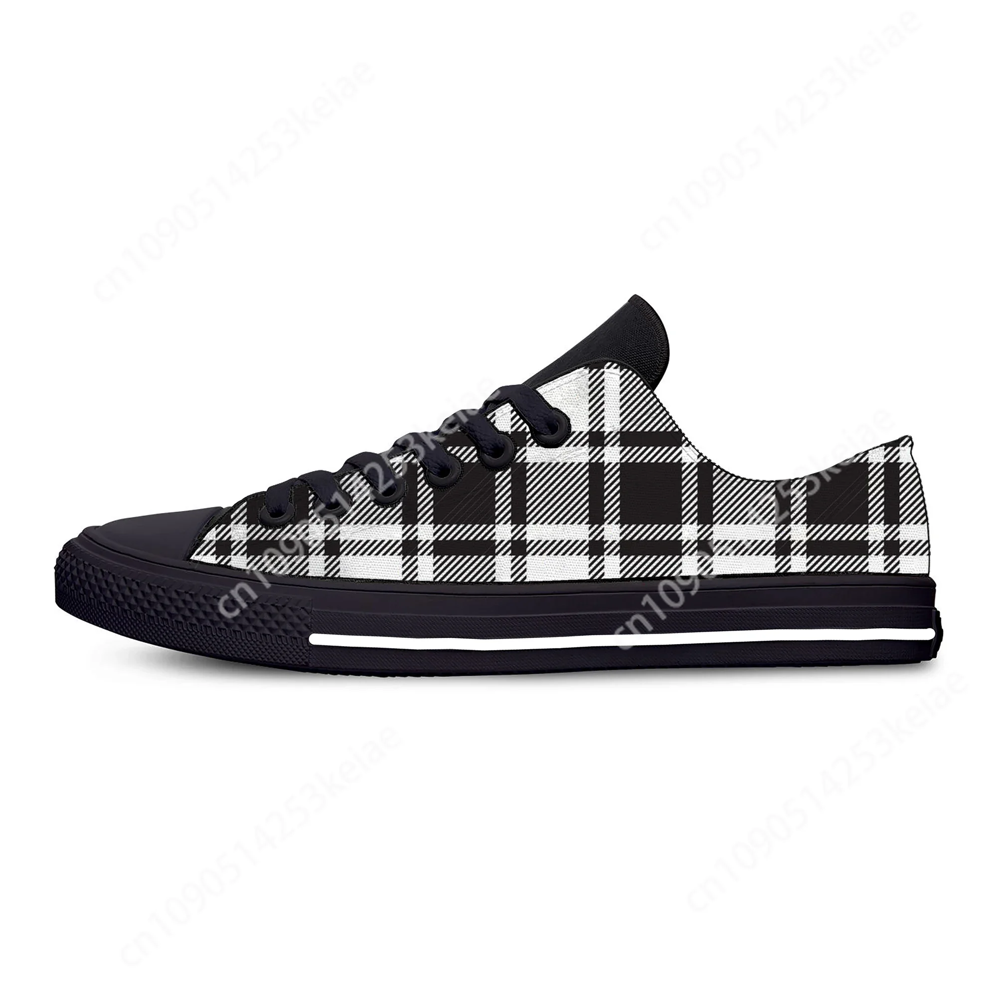 Black and White Plaid Checks Cool Hot Fashion Classic Casual Shoes Low Top Lightweight Board Shoes Breathable Men Women Sneakers