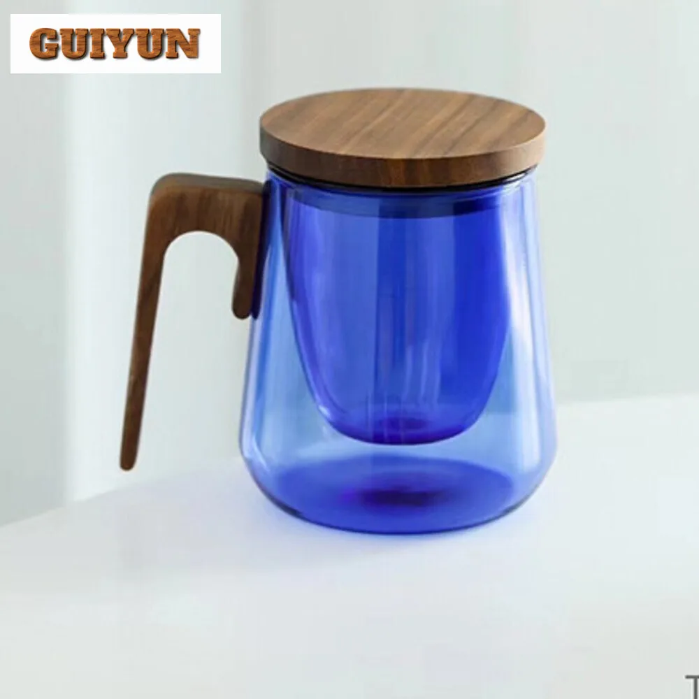 400ml Walnut Wooden Handle Lid Filter Klein Blue Glass Tea Water Separation Scented Tea Cup Office Flower Tea Separation Tea Mug